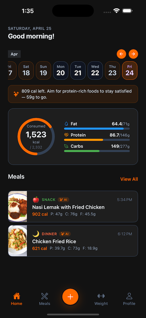 FireCal app showing the home dashboard with calorie tracking, meal history, and macro breakdown