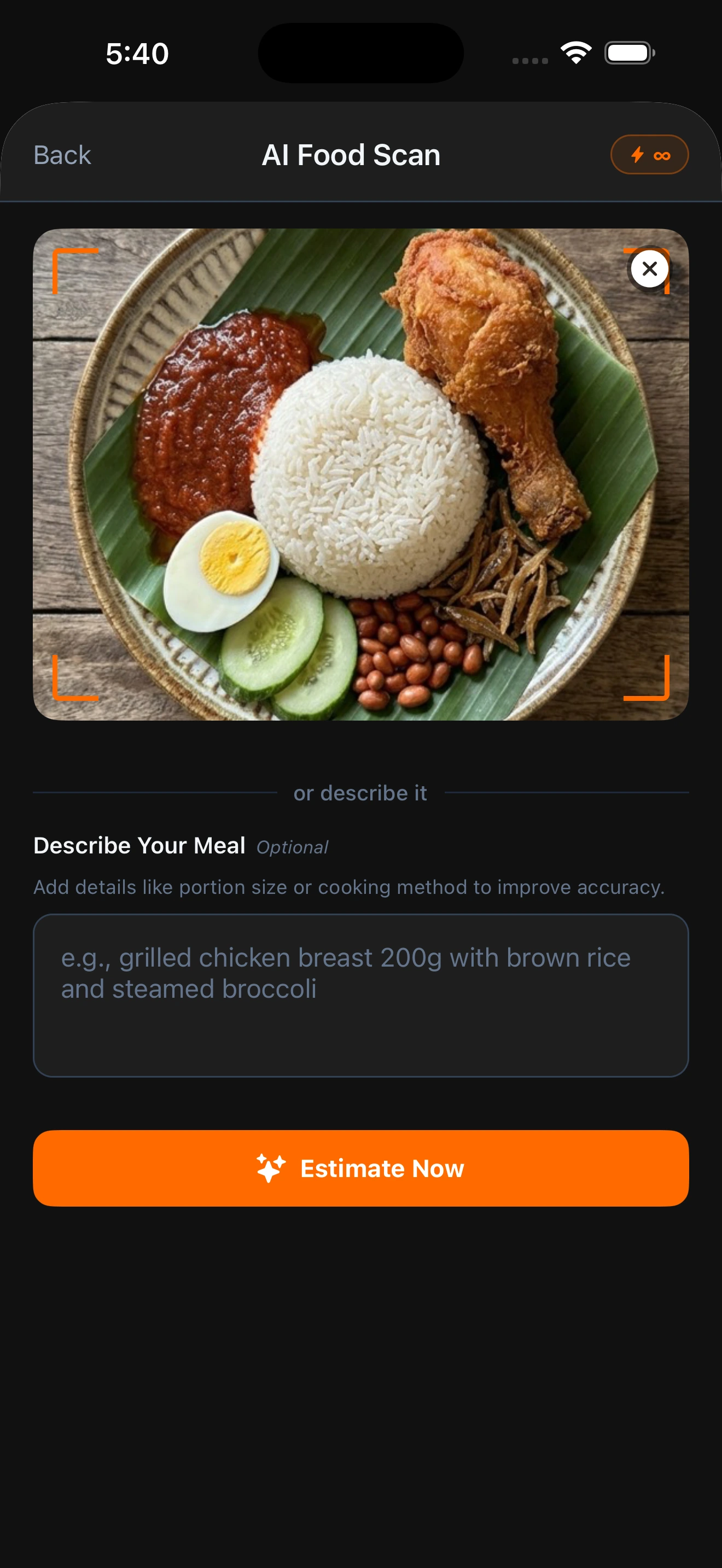 FireCal AI food scan showing a meal identified as Nasi Lemak with calorie and macro breakdown