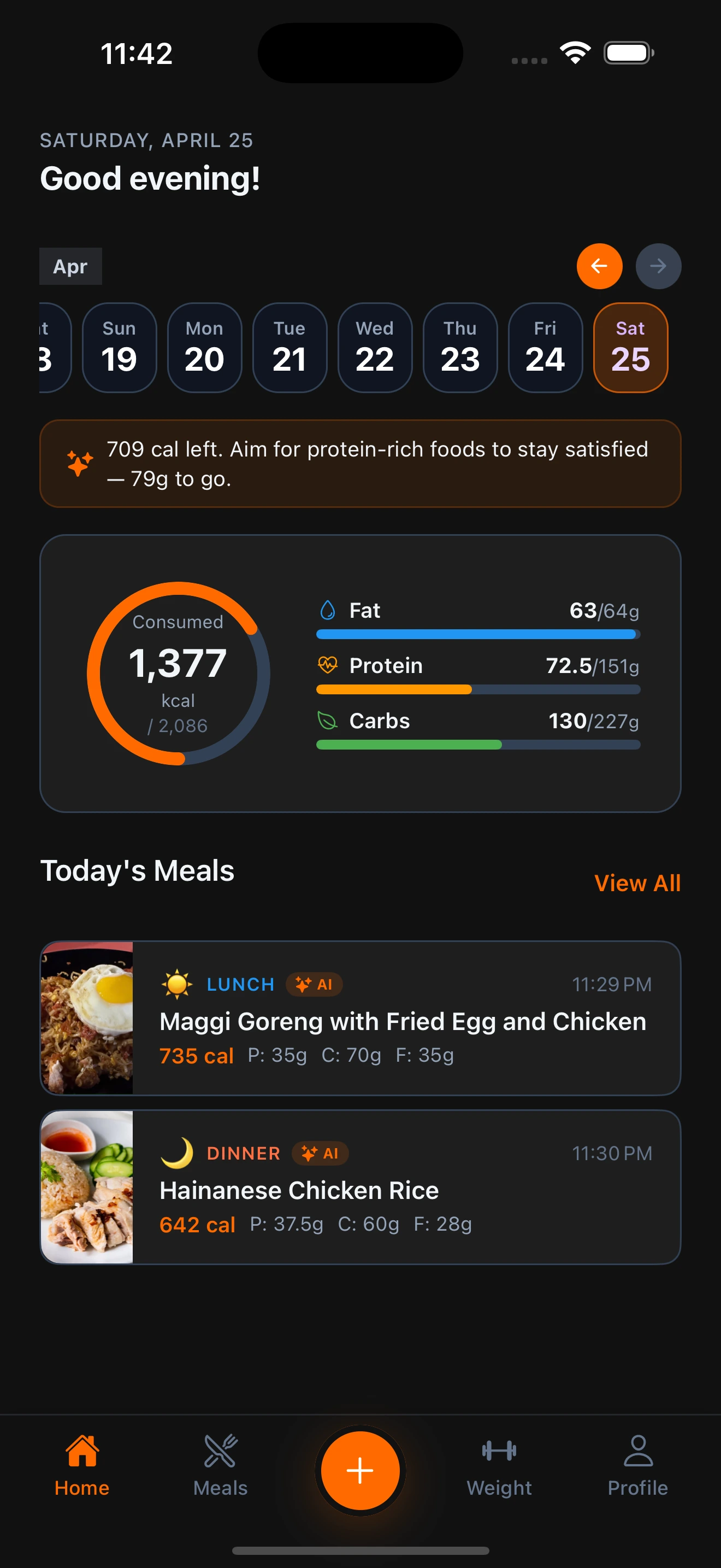 FireCal app showing the home dashboard with calorie tracking, meal history, and macro breakdown